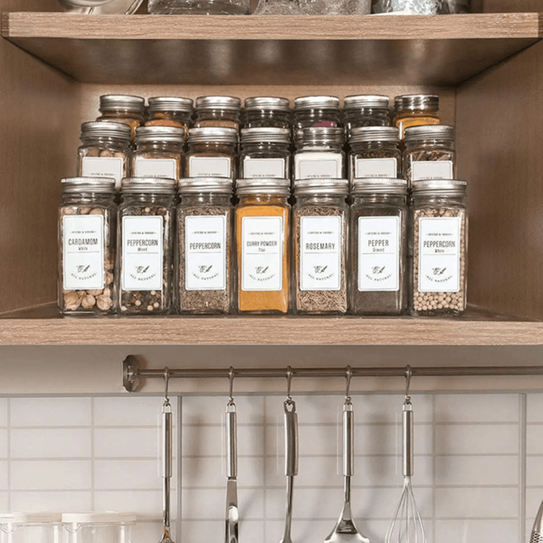 Set de 12/24 frascos de vidrio para especias, botes de albañil con tapas de aluminio, cajas de especias con etiquetas adhesivas minimalistas estilo "granja", embudos plegables, gabinetes, cajones y estanterías para especias, artículos escolares