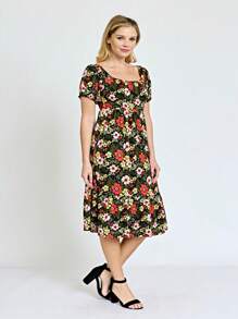 Boho Retro Ditsy Floral Flutter Puff Sleeve Square Neck Tiered Ruffle Tea Midi Length Classic Bridgerton Dress - Red and Black - View 5