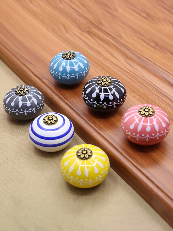 6 piezas/1 pieza Perillas redondas de gabinete de cerámica, patrón floral vintage colorido, se adapta a muebles, armarios, cajones, incluye tornillos, color rosa, negro, amarillo, gris, azul