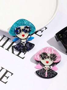 1pc Women Personalized Girl Wearing Glasses Acrylic Brooch, Portrait Style Pin For Jackets, Backpacks