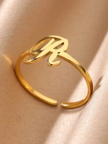 女士首字母戒指 金色不锈钢 A-Z 字母可调节戒指 美观婚礼时尚珠宝礼物 BFF - 金黃色 - 查看 8