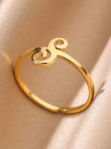 女士首字母戒指 金色不锈钢 A-Z 字母可调节戒指 美观婚礼时尚珠宝礼物 BFF - 金黃色 - 查看 9