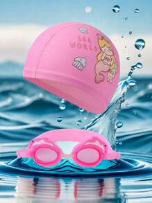 2 Stücke niedliche Cartoon Badekappen und Schwimmbrillen Kombination, hochauflösende verstellbare Silikon Kinder Schwimmbrillen, PU-Material Kinder Badekappen, geeignet für Mädchen Schwimmausrüstung, ideale Wahl für Sommergeschenke für Kinder