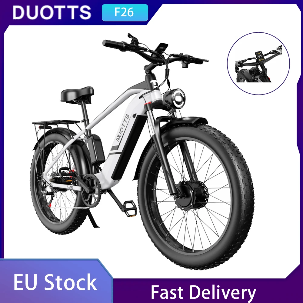 Bicicleta eléctrica DUOTTS F26, motor dual de 750 W*2, batería extraíble de 48 V 17,5 Ah, alcance de 50 km, neumático grueso 26x4.0, transmisión Shimano de 7 velocidades, velocidad máxima de 55 km/h, ascenso de 55 grados, pantalla LCD, freno de disco hidráulico doble , Carga máxima 150 kg - Plateado - Ver 1