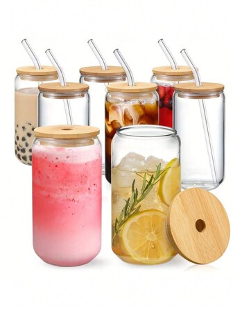 1 st 450/550 ml burkformade glasmuggar med bambulock och sugrör, iskaffemugg, återanvändbar ölburk, estetisk dricksmugg, resemugg, söt smoothie-temugg, för sommaren, presenter, glasmuggar