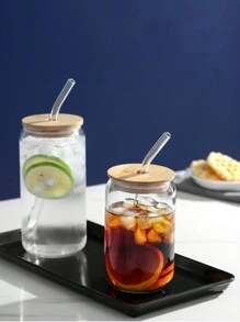1PC 450/550ml Can Shaped Glass Cups With Bamboo Lids And Straws, Iced Coffee Cup, Reusable Beer Can Tumbler, Aesthetic Drinkware, Travel Coffee Mug, Cute Smoothie Tea Cup, For Summer, Gifts, Glass Cups
