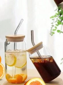 1PC 450/550ml Can Shaped Glass Cups With Bamboo Lids And Straws, Iced Coffee Cup, Reusable Beer Can Tumbler, Aesthetic Drinkware, Travel Coffee Mug, Cute Smoothie Tea Cup, For Summer, Gifts, Glass Cups