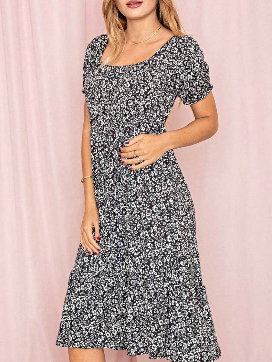 Boho Retro Ditsy Floral Flutter Puff Sleeve Square Neck Tiered Ruffle Tea Midi Length Classic Bridgerton Dress
