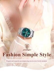 POEDAGAR 1件优雅女士不锈钢日期星期石英表，时尚女士手表，防水夜光，商务女士手表，适合工作场合，女士礼物