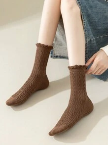 10 Pares Calcetines De Tripulación Unicolor Para Mujer,Transpirables Y Cómodos,Calcetines Torcidos Con Diseño De Borde De Hongo. - Multicolor - Ver 6