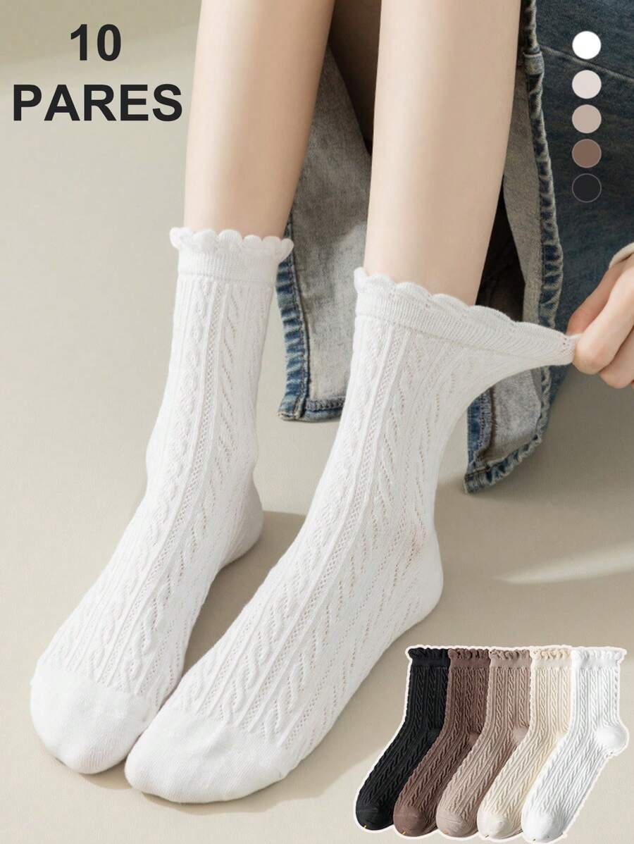 10 Pares Calcetines De Tripulación Unicolor Para Mujer,Transpirables Y Cómodos,Calcetines Torcidos Con Diseño De Borde De Hongo. - Multicolor - Ver 1
