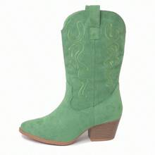 Women Western Cowboy Boots – Embroidered Mid-Calf Chunky Heel Cowgirl Boots With Side Zipper Stylish Comfortable Suede Fall/Winter Boots For Country Concert, Rodeo, Nashville Trip, Festival & Daily Wear [Size Up Half Size] - 綠色 - 查看 4