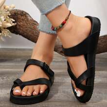 Women's Platform Sandals With,Cushion & Thick Soles On Flat Sandals For Summer Ultra ,Comfort Adjustable Slides Slip - Black - View 4