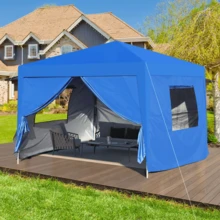 Outdoor 10x 10Ft Pop Up Gazebo Canopy Tent With Removable Sidewall With Zipper,2pcs Sidewall With Mosquito Netting,With 4pcs Weight Sand Bag,With Carry Bag-Blue - 藍色 - 查看 2
