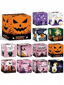 6 件万圣节糖果盒，万圣节装饰道具派对场景布置用品，橙色和黑色立体盒子，邪恶南瓜城堡图案，万圣节糖果零食包装 - 彩色 - 查看 5