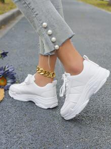 Tênis feminino branco estilo britânico de couro com amarração, biqueira redonda sola grossa Antiderrapante, resistente ao deslizamento, sapatos femininos elegantes respiráveis, grossos do tipo Chunky, sapatos de estudante, branco. - Branco - Visão 5