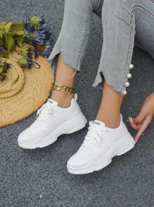 Tênis feminino branco estilo britânico de couro com amarração, biqueira redonda sola grossa Antiderrapante, resistente ao deslizamento, sapatos femininos elegantes respiráveis, grossos do tipo Chunky, sapatos de estudante, branco. - Branco - Visão 3