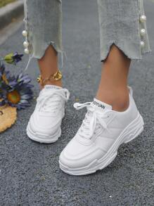 Tênis feminino branco estilo britânico de couro com amarração, biqueira redonda sola grossa Antiderrapante, resistente ao deslizamento, sapatos femininos elegantes respiráveis, grossos do tipo Chunky, sapatos de estudante, branco. - Branco - Visão 1