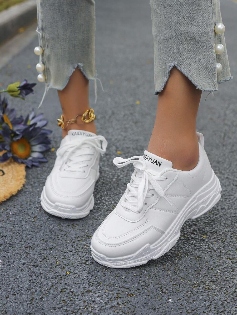 Tênis feminino branco estilo britânico de couro com amarração, biqueira redonda sola grossa Antiderrapante, resistente ao deslizamento, sapatos femininos elegantes respiráveis, grossos do tipo Chunky, sapatos de estudante, branco. - Branco - Visão 1