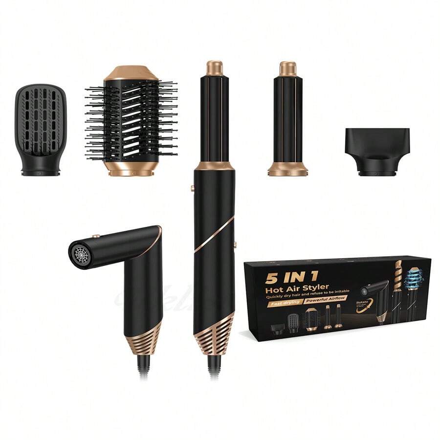 5In1 Foldable Hot Air Brush, Curling Iron & Straightening Brush Multi