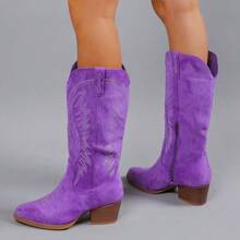 Women Western Cowboy Boots – Embroidered Mid-Calf Chunky Heel Cowgirl Boots With Side Zipper Stylish Comfortable Suede Fall/Winter Boots For Country Concert, Rodeo, Nashville Trip, Festival & Daily Wear [Size Up Half Size] - 紫色 - 查看 4