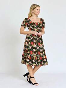 Boho Retro Ditsy Floral Flutter Puff Sleeve Square Neck Tiered Ruffle Tea Midi Length Classic Bridgerton Dress - Red and Black - View 6