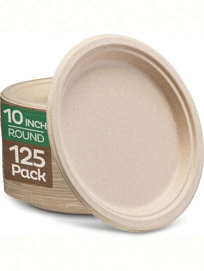 100% Compostable, Microwave Friendly, Heavy Duty Paper Plates - 125pcs/Set, 10.2 Inch Plates, Sugarcane, Natural Unbleached Brown Disposable Plates, Suitable For Picnics, Thanksgiving, Valentine's Day, Christmas, Farewell (These Trays Are Made Of Materials, Not Bleached With Fluorescent Agents Or Covered With Plastic Film. Therefore, Some Sugarcane Residue Marks May Be Left On The Surface Randomly. This Is Normal And Belongs To . Rest Assured, These Are Not Stains, And The Paper Trays Are 100% Compostable, Absolutely Made Of Materials)