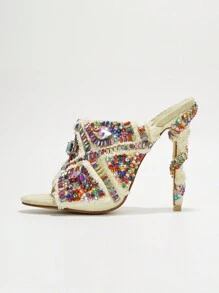 Women's  Multi Colored Gem Embellished Heeled Mules - Single Round Toe Mule High Heel For Casual Parties - 彩色 - 查看 3