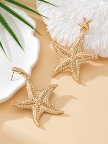 1pair European And American Gold Plated Asymmetrical  Starfish Ocean Series Earrings For Women, Suitable For Fashionable Summer Beach Vacation And Casual Travel, Stylish And Versatile, Perfect Gift For Friends