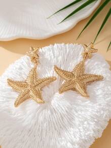 1pair European And American Gold Plated Asymmetrical  Starfish Ocean Series Earrings For Women, Suitable For Fashionable Summer Beach Vacation And Casual Travel, Stylish And Versatile, Perfect Gift For Friends