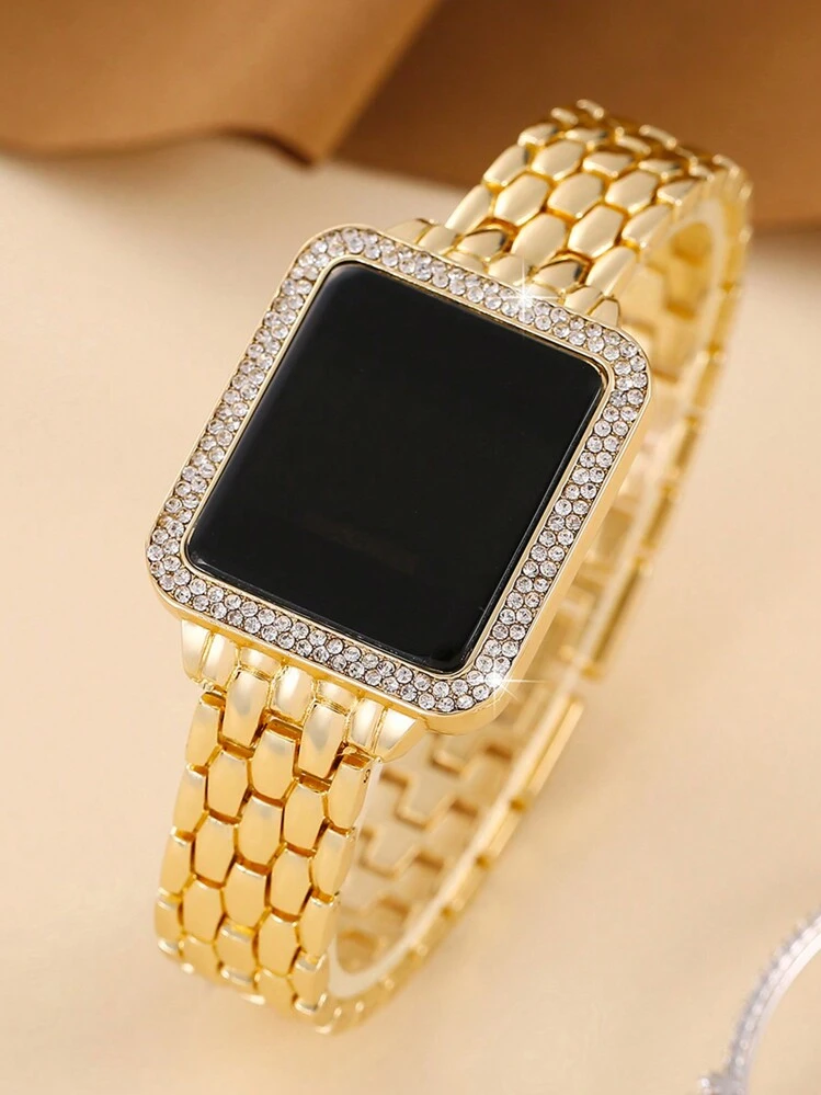 1pc Chain Water Diamond Square Digital Watch Cute Bracelet Style Watch For Girls And Women Sports Versatile