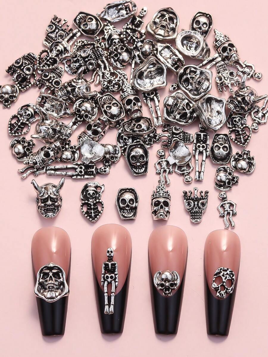 Halloween 50pcs Gothic Vintage Nail Art Decorations, Skull Shaped Metal Nail Rhinestones DIY Nail Jewelry, Nail Gems Art Supplies