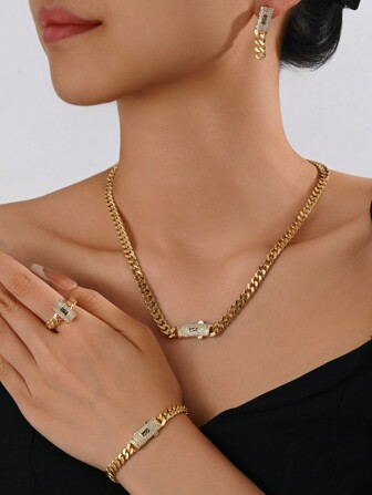 5pcs/Set Fashionable 18k Gold Zirconia Earrings, Necklace, Ring, Bracelet Set For Ladies, Ideal For Weddings, Parties, Birthdays, Holidays