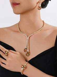Necklace+Earrings+Ring+Bracelet Set With Multicolored Cubic Zirconia And Tassel Design, Suitable For Ladies' Daily Wear, Parties, Banquets, Bride, Bridal Jewelry Set