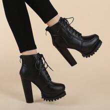 Chunky Heel Short Boots Women, 2024 Autumn/Winter  Boots, Waterproof Platform High Heel Shoes, Versatile Lace-Up Women's Boots - Black - View 1