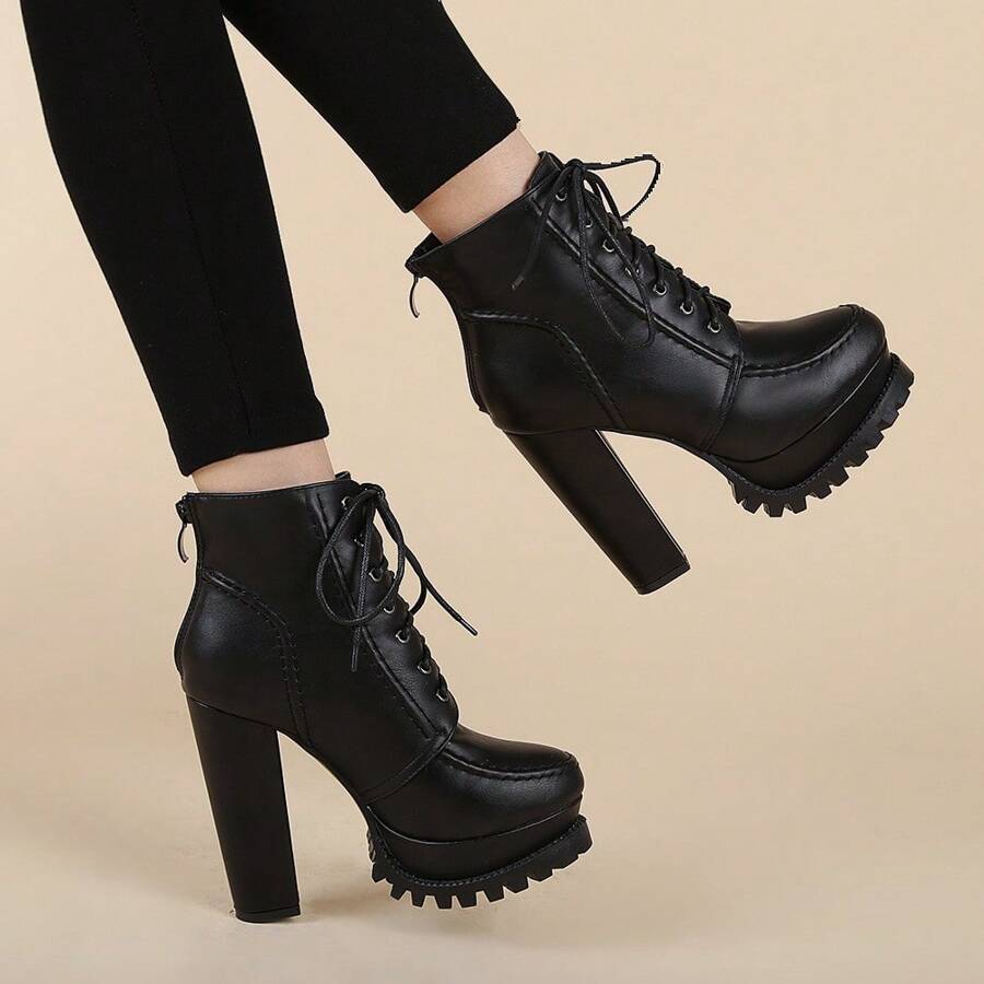 Chunky Heel Short Boots Women, 2024 Autumn/Winter  Boots, Waterproof Platform High Heel Shoes, Versatile Lace-Up Women's Boots - Black - View 1