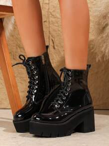 Bốt đế dày màu đen thời trang tối giản buộc dây phía trước có khóa kéo bên hông chống thấm nước cho nữ mùa thu/đông 2025 - màu đen - Xem 5