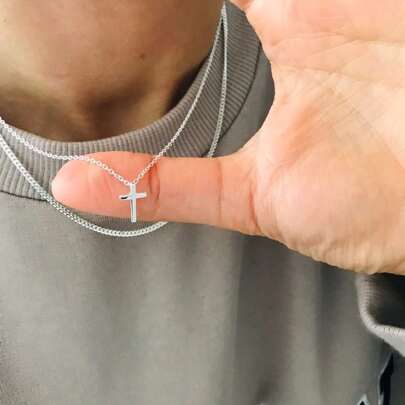 1pc Silver Minimalist Style Cross Pendant Men's Necklace, Daily Fashion Collarbone Chain Accessory