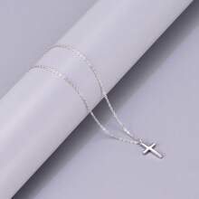 1pc Silver Minimalist Style Cross Pendant Men's Necklace, Daily Fashion Collarbone Chain Accessory - Silver - View 3