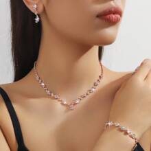 Conjunto elegante e sofisticado de 4 peças de colar, brincos e pulseira, jóias de noiva, adequado como presente para casamentos, aniversários e aniversários de mulheres, acessórios de vestido de noite - Conjunto de joias com 4 peças - Visão 14