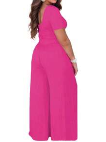 Women's Round Neck Short Sleeve Top High Waist Wide Leg Pants Two-Piece Set - 粉色 - 查看 2