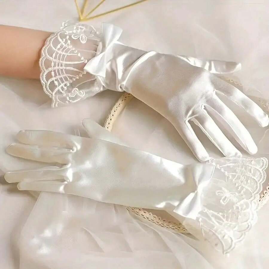 1 Pair Of Short Elegant White Lace Bow Gloves Bridal Wedding Decoration Women's Evening, Prom Accessories Valentine's Day Fall Clothes For Women - White - View 1