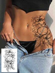 1pc Temporary Tattoo Sticker Set With Stars, Lilies, Feathers, Cute And Sexy Female Water Transfer Waterproof Tattoo, Realistic Disposable Fake Tattoo Sticker, Unisex, Suitable For Waist, Abdomen, Back, Thighs, And Arms, Body Art Can Cover Scars, DIY Gift