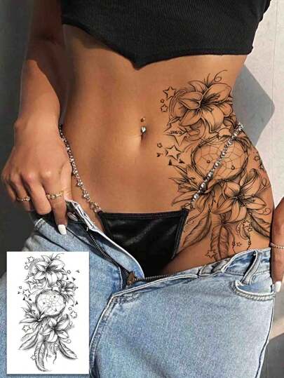 1pc Temporary Tattoo Sticker Set With Stars, Lilies, Feathers, Cute And Sexy Female Water Transfer Waterproof Tattoo, Realistic Disposable Fake Tattoo Sticker, Unisex, Suitable For Waist, Abdomen, Back, Thighs, And Arms, Body Art Can Cover Scars, DIY Gift