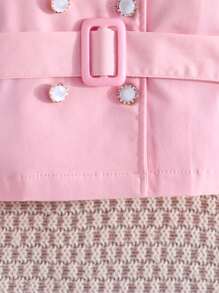 年轻女孩春秋时尚套装，网眼刺绣长袖上衣配腰带和喇叭裤配精致蝴蝶结，优雅正式 2 件套 - 粉色 - 查看 5