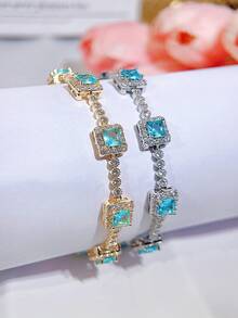 SEQUITO 1pc Delicate Wrist Pendant Bracelet Gold Plated Pave Setting Square Shape Blue AAA Cubic Zirconia Women Clothing Jewelry - 18.5 cM - View 7