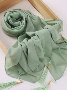 1 件装流苏女士围巾纯色雪纺头巾长围巾优雅头巾流苏头巾配饰女士 - 彩色 - 查看 17