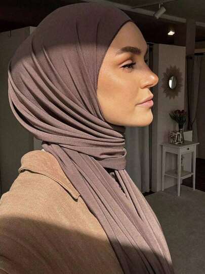 1pc Soft Solid Color Jersey Hijab, Plain Long Scarf, Headscarf