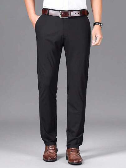 New Summer Style Elastic Iced Silk Casual Pants For Middle-Aged Business Men, Straight-Fit