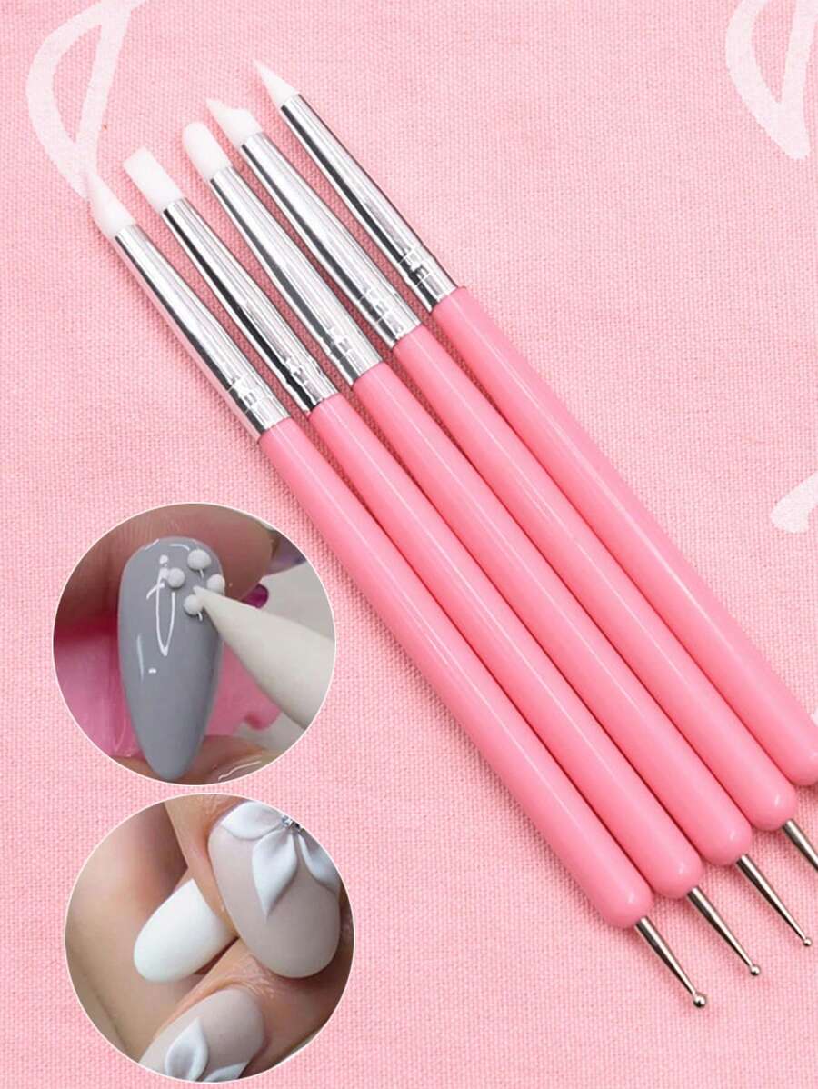 Bộ 5 bút chấm móng nghệ thuật hai đầu, bút khắc gel UV, bộ cọ silicon, dụng cụ điêu khắc đất sét gốm, dụng cụ vẽ tranh thủ công DIY, màu hồng. - Hồng - Xem 1